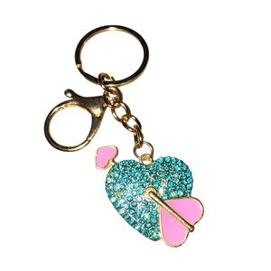 Blue Heart Keychain with Pink Arrow in Gold Tone